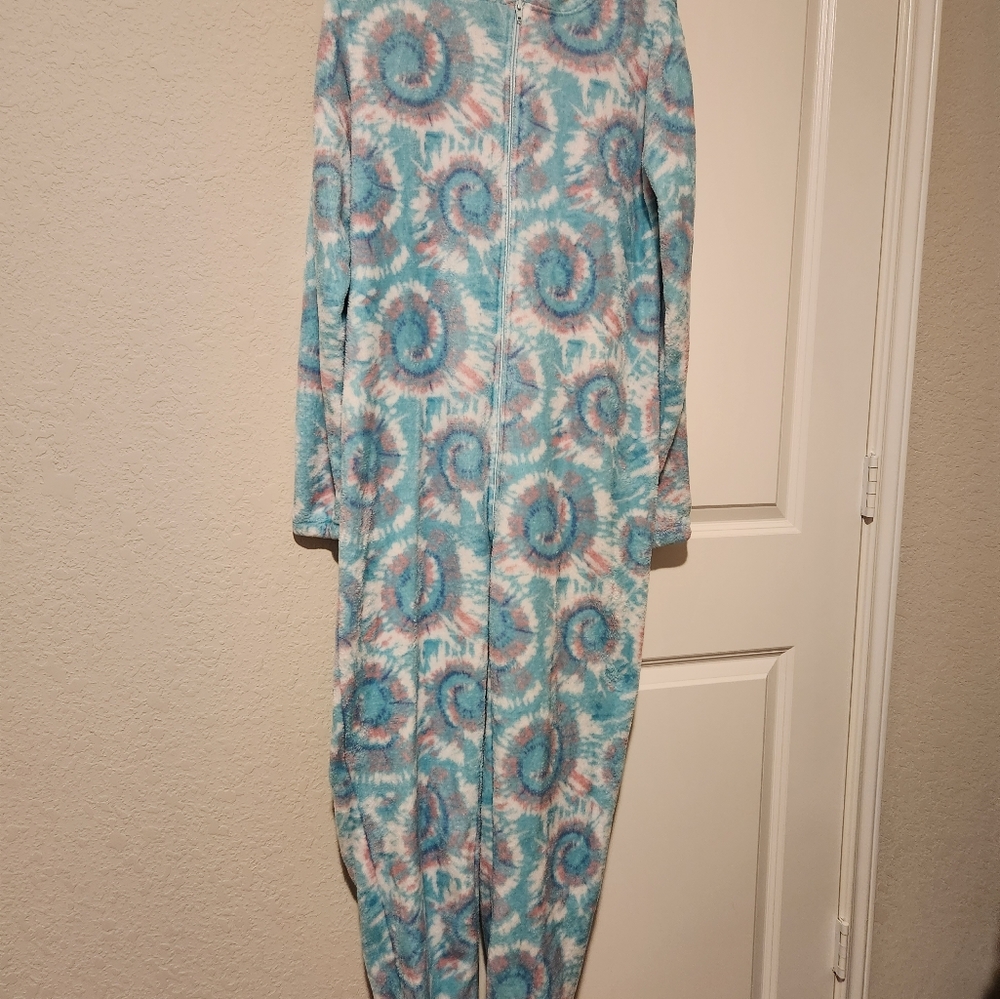 Women's Bobbie Brooks tie dye one piece pajamas.